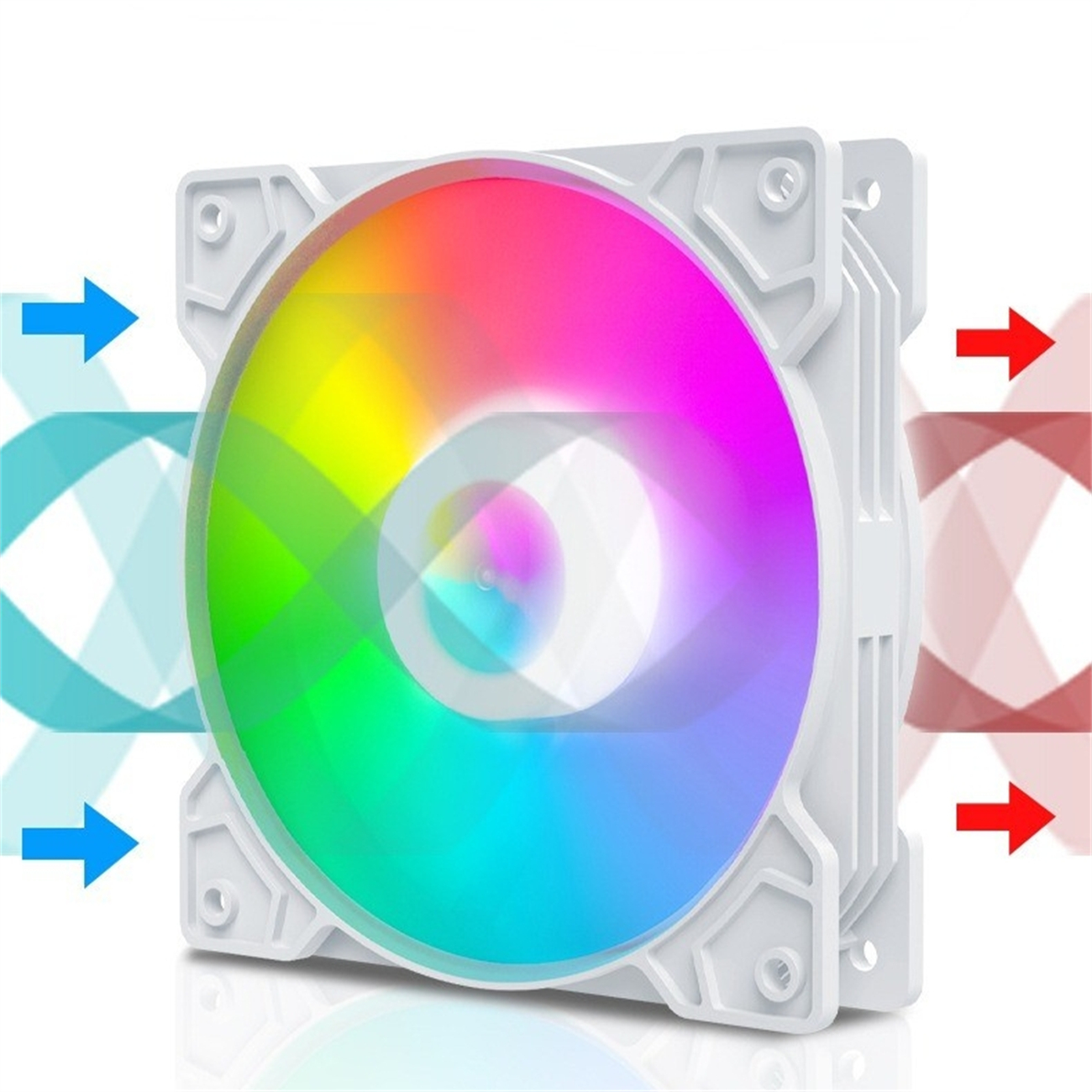 Ein weißer PC-Lüfter mit bunten Lichtern wird gezeigt. Pfeile zeigen die Luftstromrichtung an.