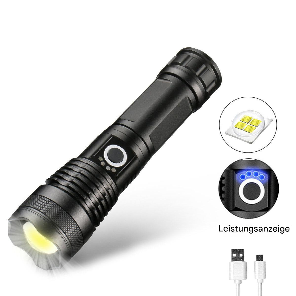 Schwarze Taschenlampe mit hellem Licht und kleiner Leistungsanzeige.