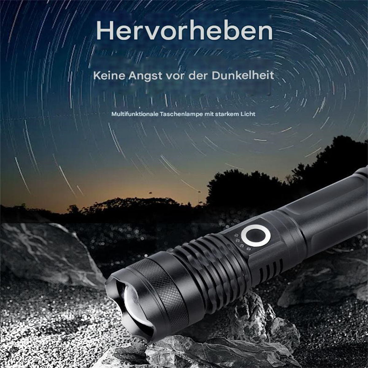 Schwarze Taschenlampe mit Lichtstrahl am Nachthimmel. Sterne im Hintergrund.