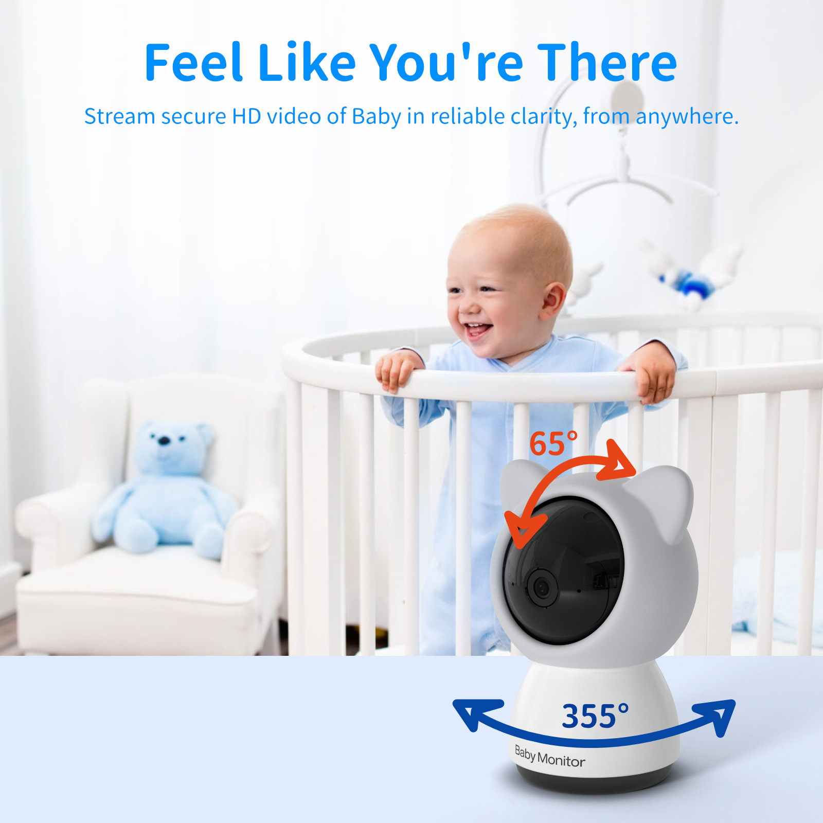 Babyphone mit Baby im Gitterbett, mit Pfeilen, die die Drehung anzeigen.