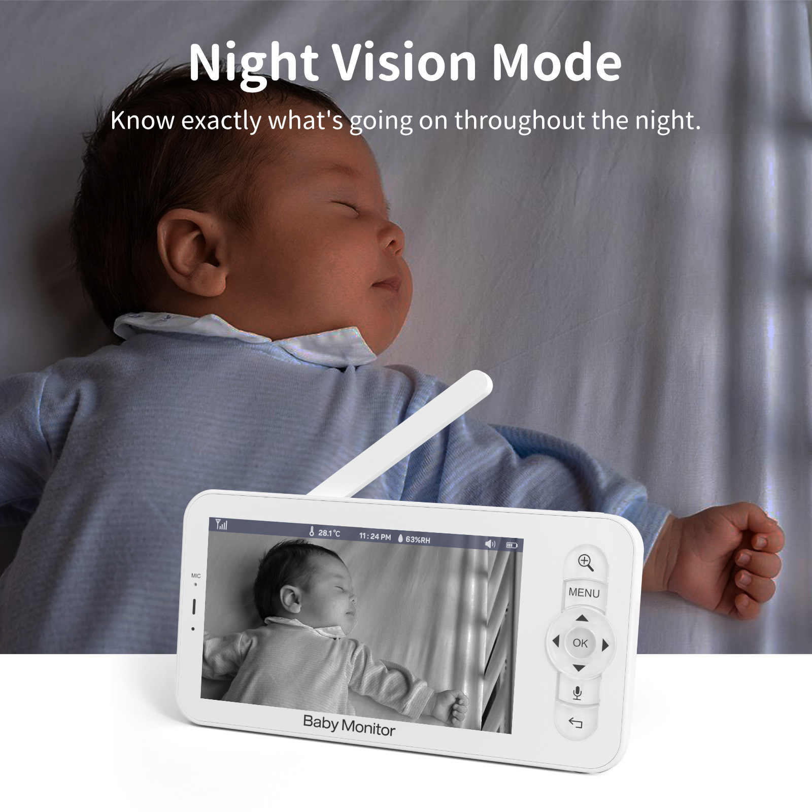 Ein Baby schläft in einem Kinderbett, während ein Babyphone das Baby zeigt, Nachtsichtmodus.