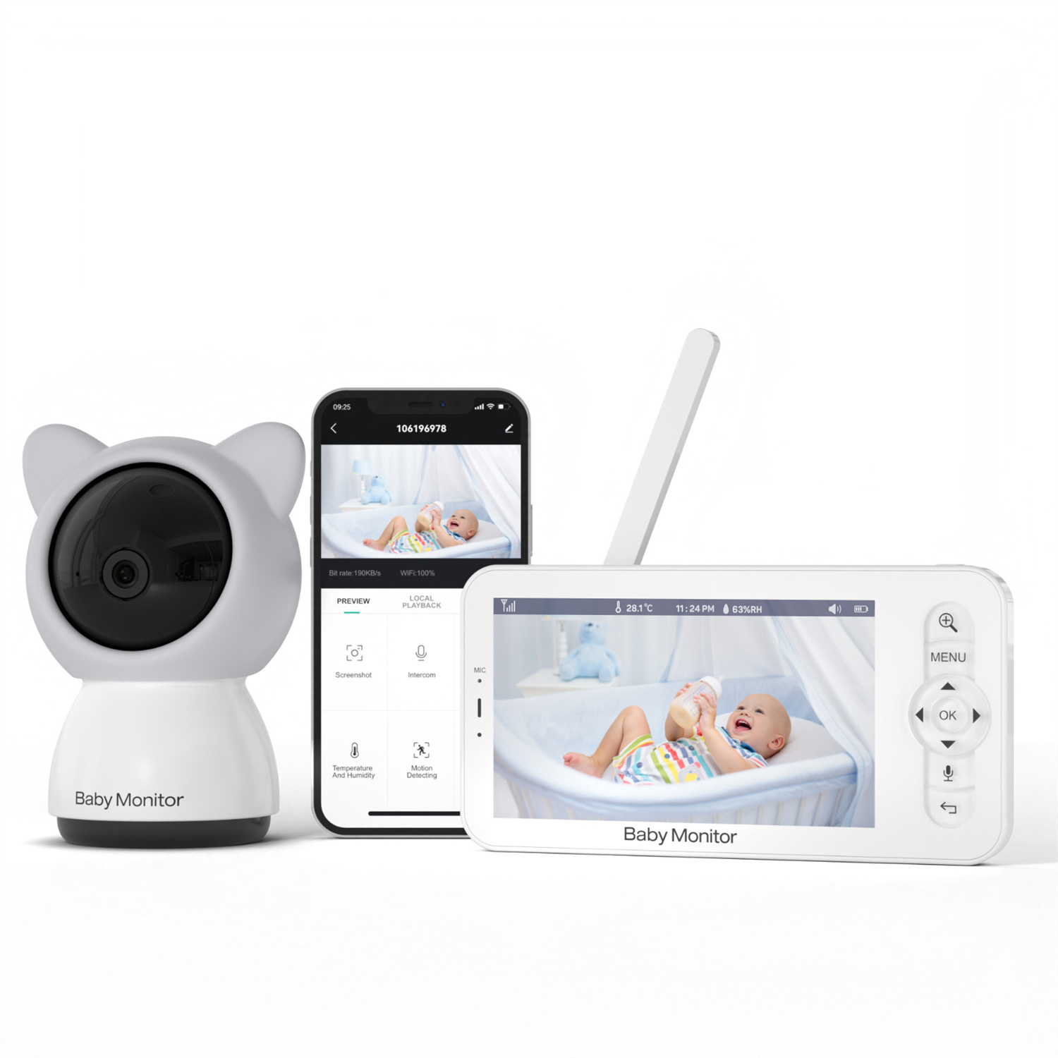 Babyphone-Set mit Kamera, Telefon mit Baby und Monitor mit Baby. Alles weiß.