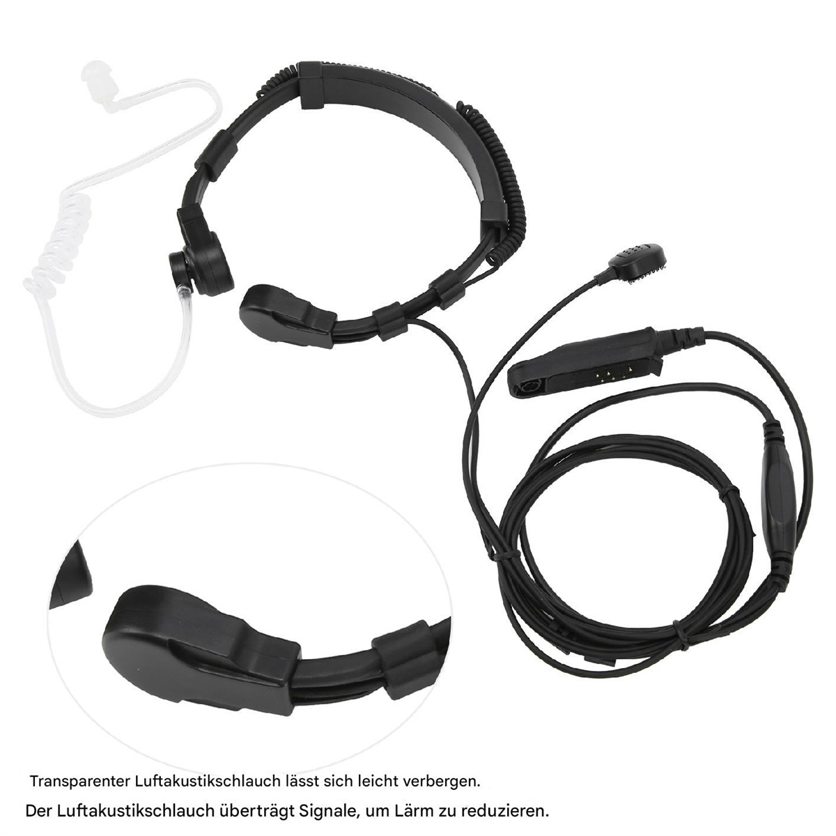 Schwarzes Headset mit Nackenband, transparentem Schlauch und Mikrofon. Isoliert auf Weiß.