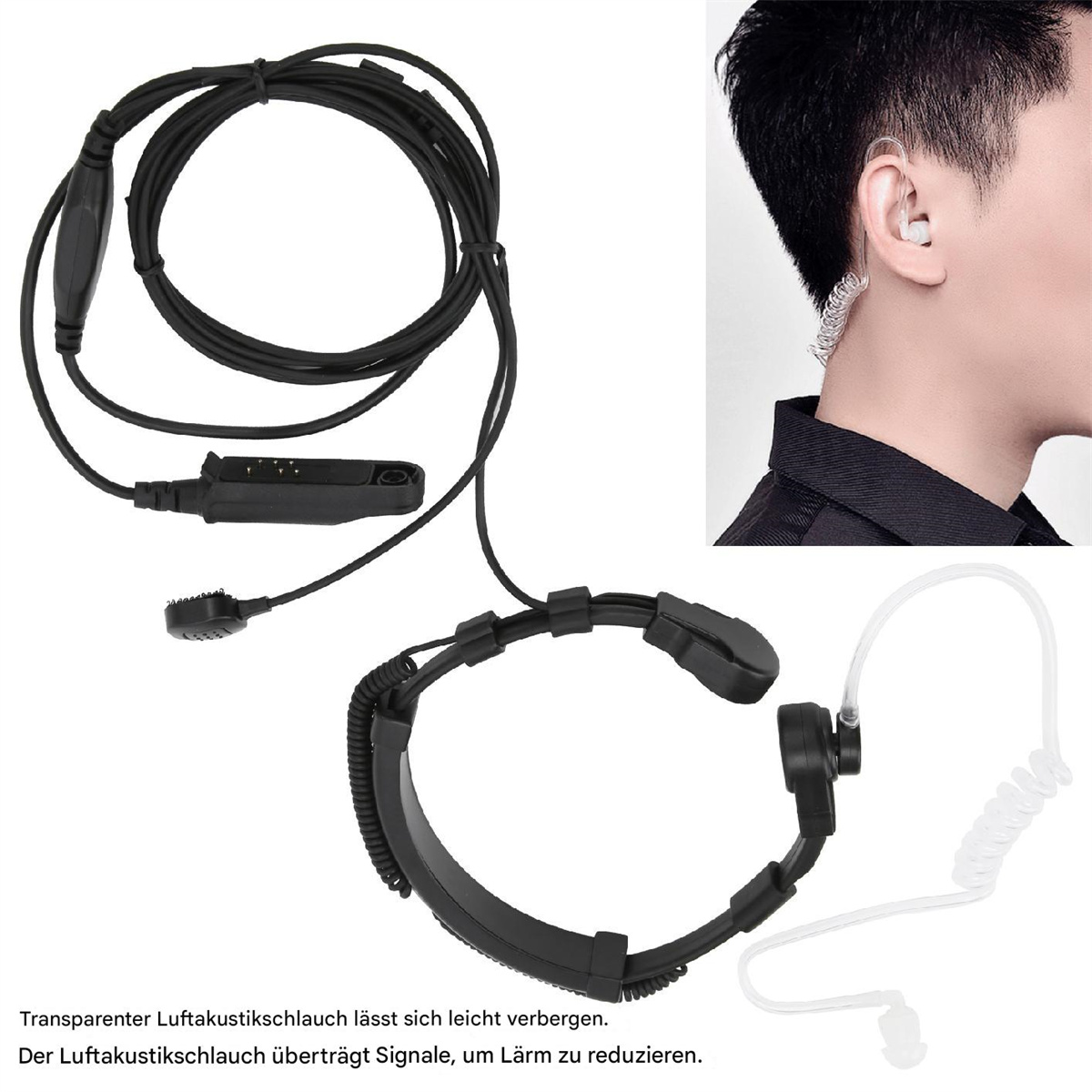 Schwarzes Headset mit Ohrhörer und Mikrofon. Eine Person mit Ohrhörer ist im Eck.