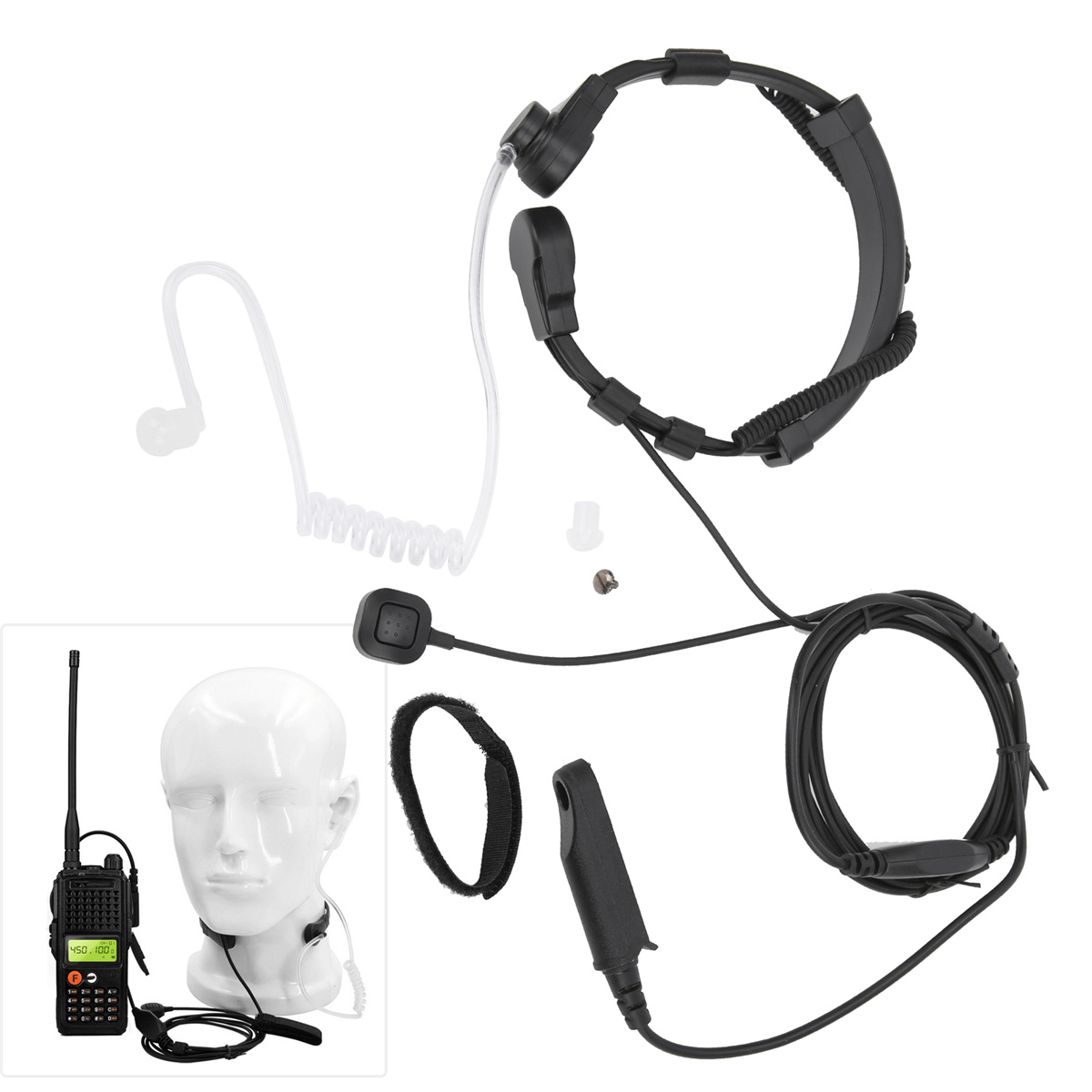 Schwarzes Headset mit Mikrofon und Walkie-Talkie. Inklusive Ohrhörer und Zubehör.