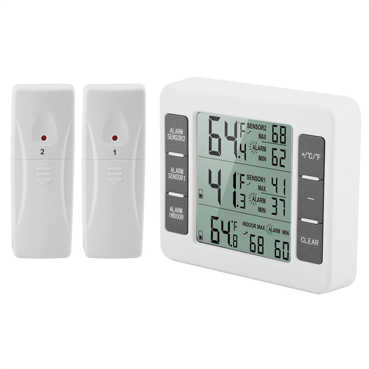 Ein weißes digitales Thermometer mit zwei separaten Sensoren. Zeigt Temperaturmesswerte an.