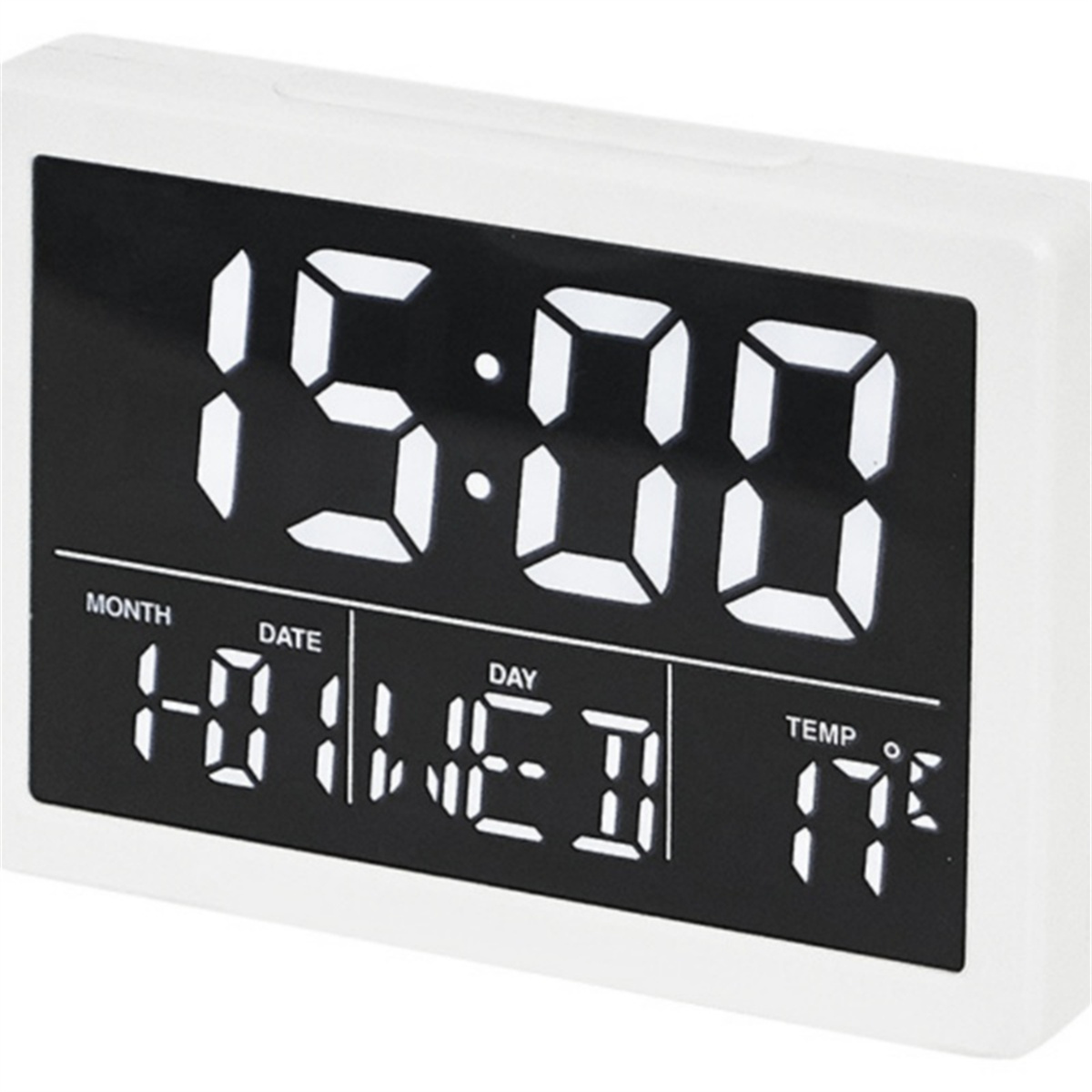 Weiße Digitaluhr zeigt 15:00 Uhr, mit Datum, Wochentag und 17 Grad. Weißer Rahmen.