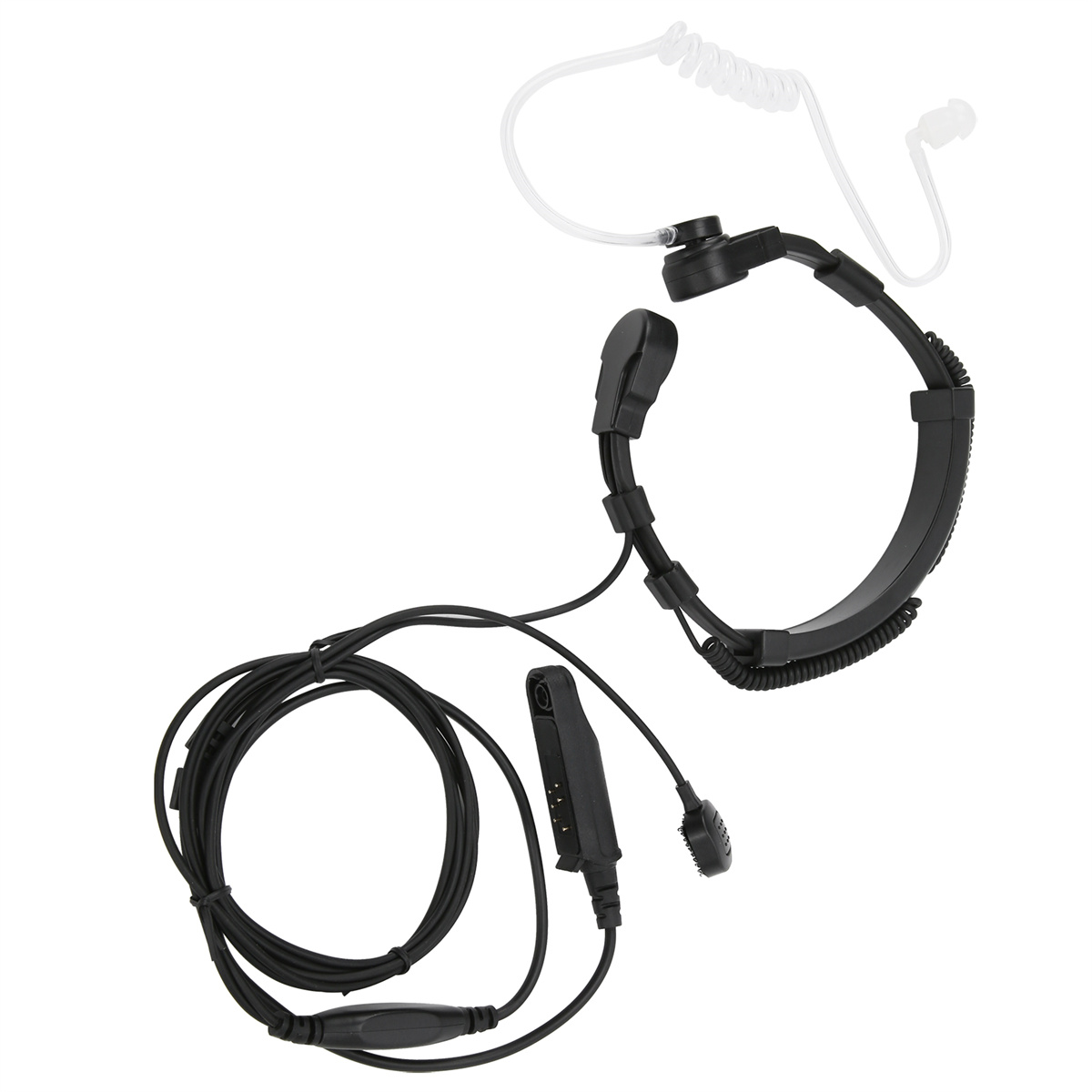 Ein schwarzes taktisches Headset mit weißem Kabel. Es hat ein Mikrofon und einen Ohrhörer. Weißer Hintergrund.