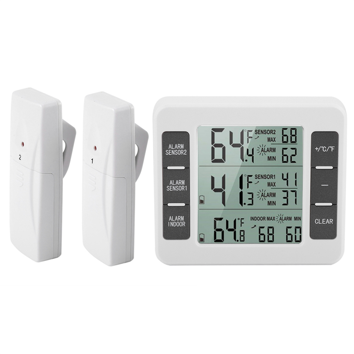 Ein weißes digitales Thermometer mit zwei Sensoren. Es zeigt Temperaturmesswerte und Alarmeinstellungen an.