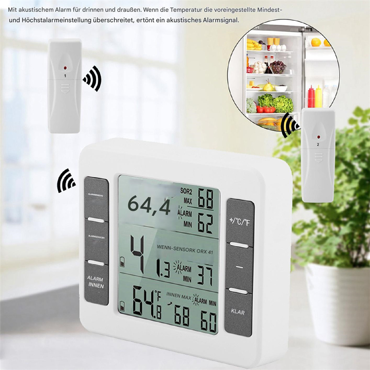 Ein weißer Temperatursensor mit Bildschirm und zwei kleineren Sensoren.