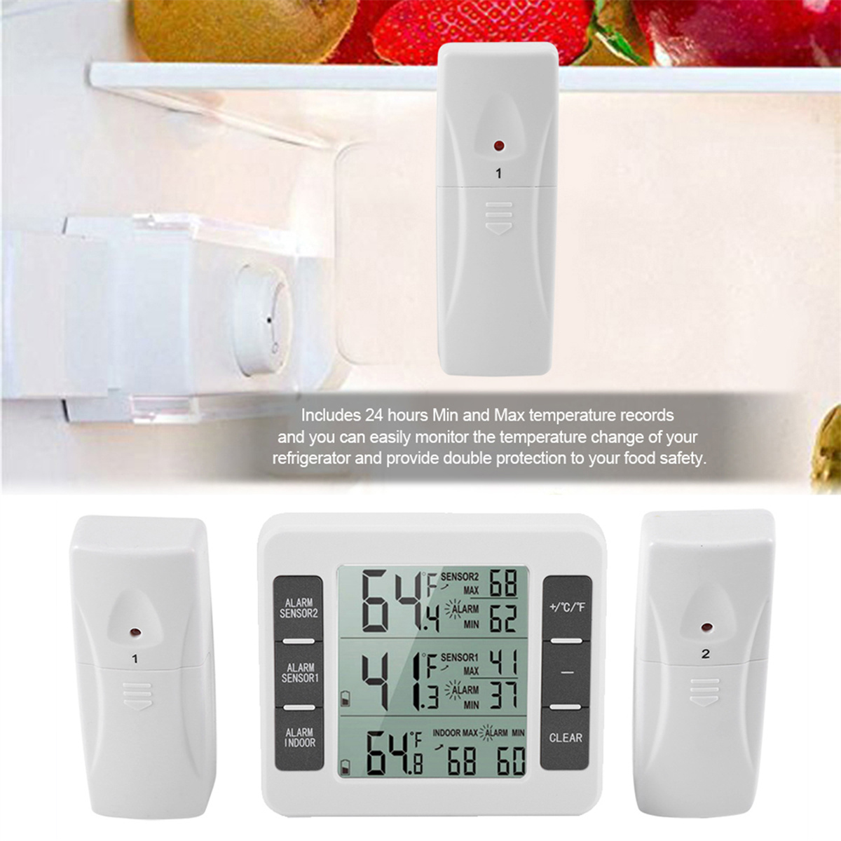 Weißes digitales Thermometer mit drei Einheiten, zwei Fernsensoren und Temperaturanzeige.