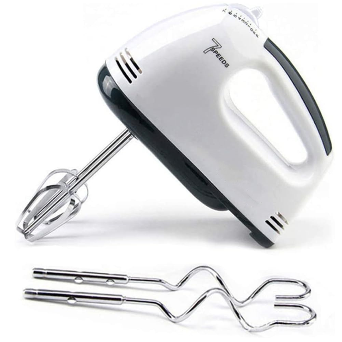 Weißer Handmixer mit zwei Edelstahl-Schlägern. Hat einen schwarzen Akzent und Geschwindigkeitseinstellungen.