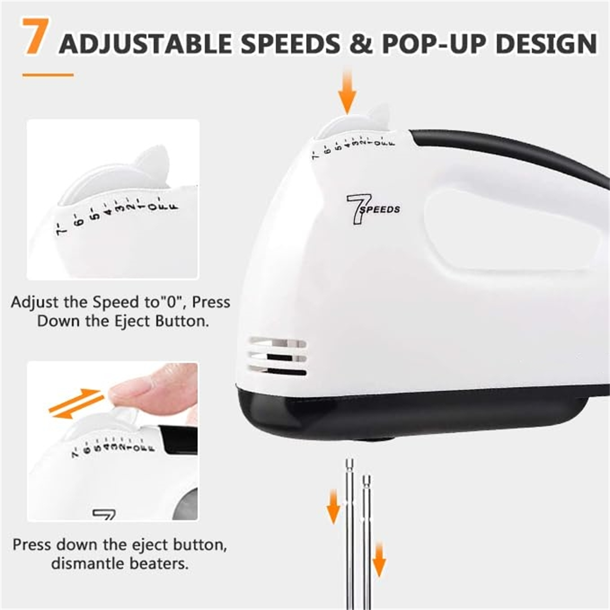 Weißer Handmixer mit 7 Geschwindigkeitseinstellungen, mit Funktionsdiagrammen.