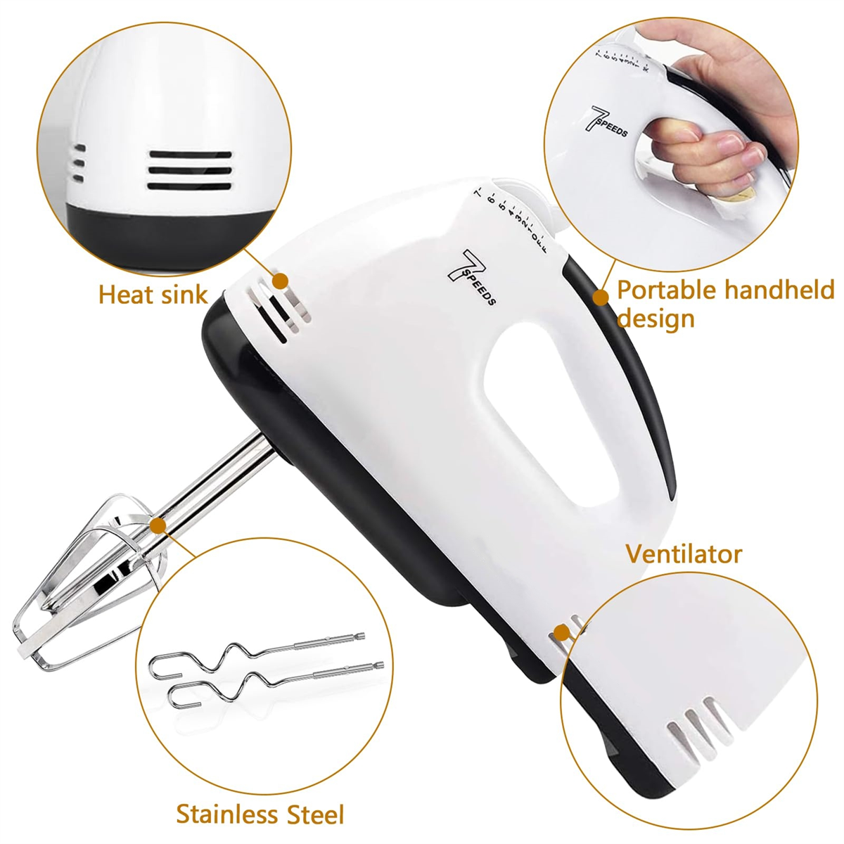 Weißer und schwarzer Handmixer, detaillierte Ansicht, einschließlich Kühlkörper und Edelstahl-Schlägern.