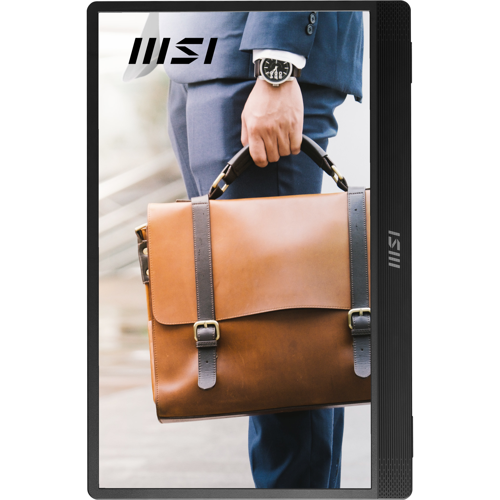 A person in a suit holding a brown leather briefcase.