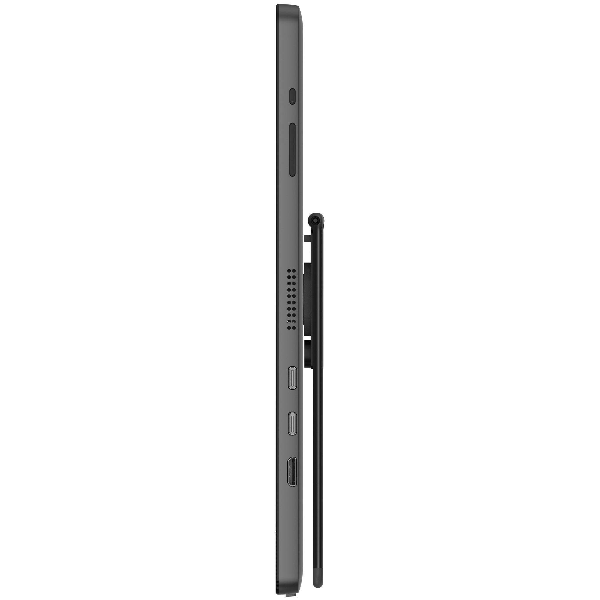 A dark gray tablet with a stylus attached. It's viewed from the side, showing ports and buttons.