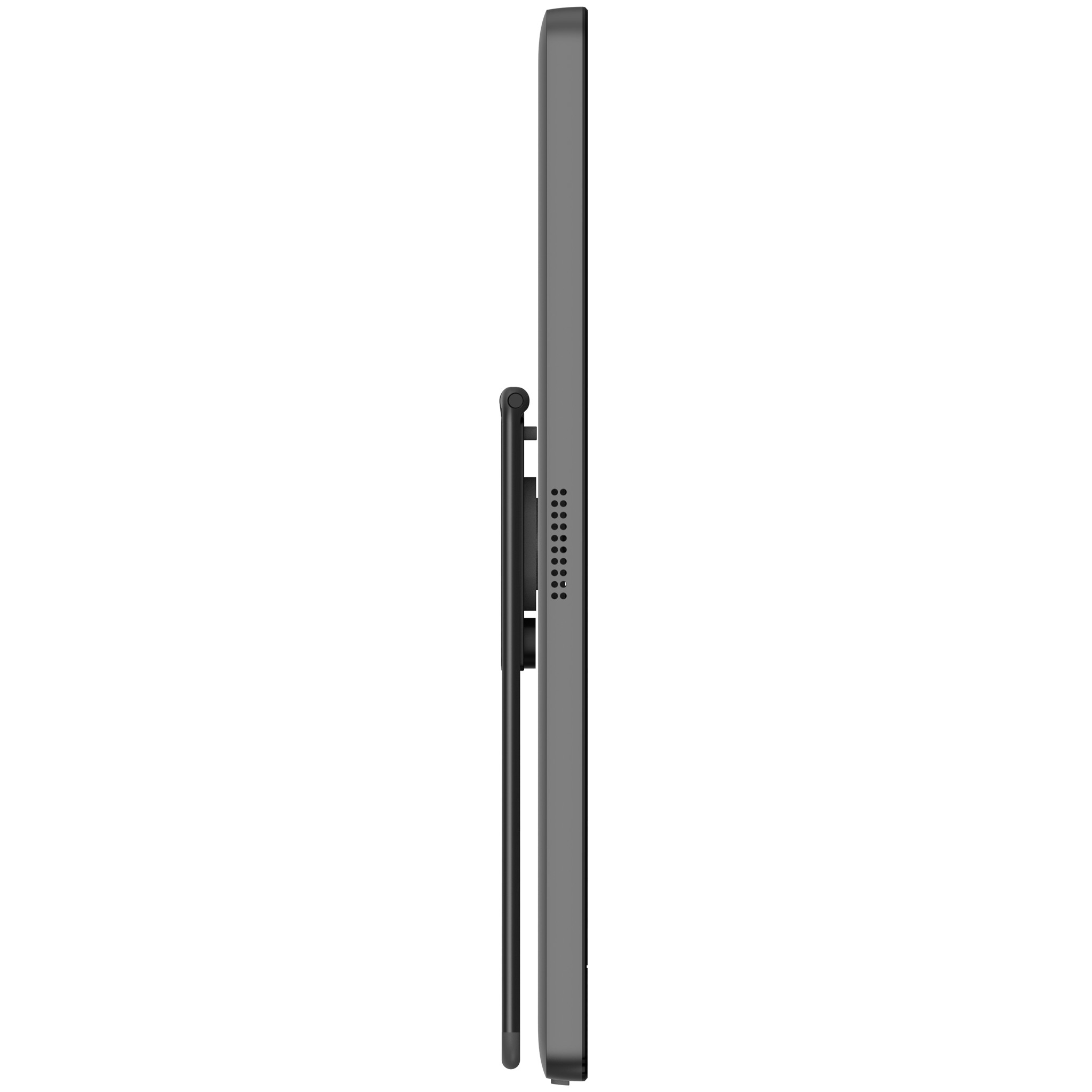 A side view of a tablet with a black holder.