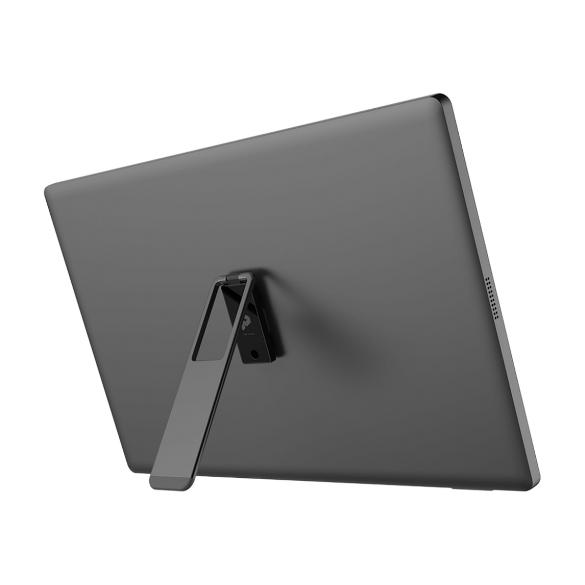 A dark gray monitor with a stand, seen from the back.