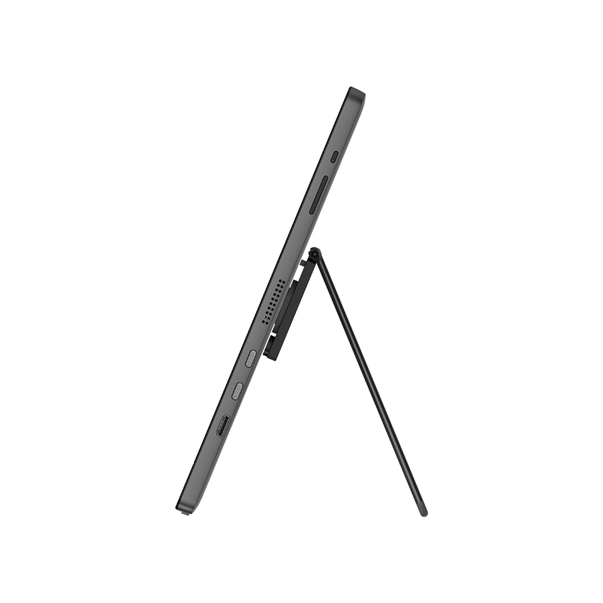 Side view of a tablet with a kickstand. The tablet is black, and the kickstand is attached.