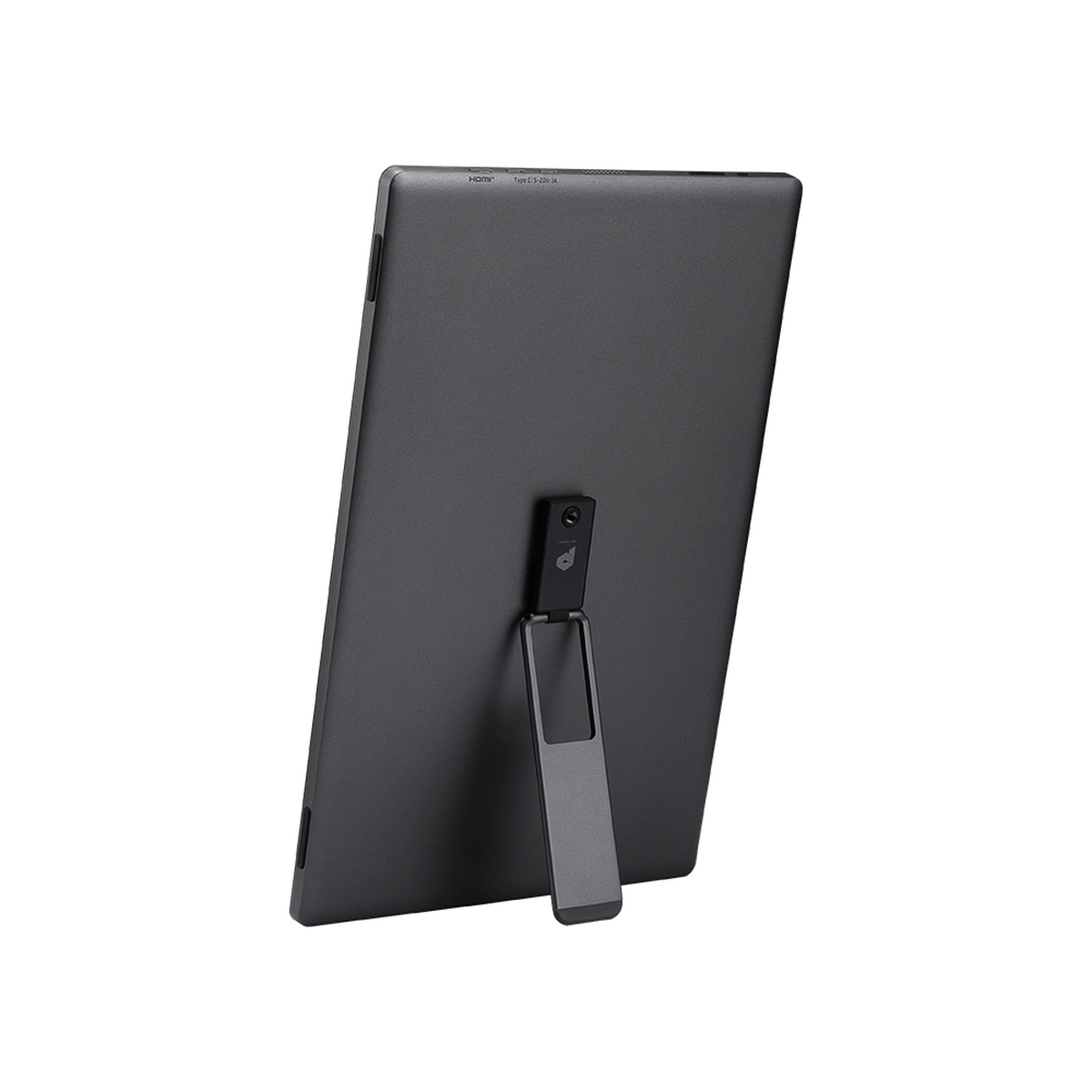 Black tablet computer on a stand. The back shows ports and a camera.