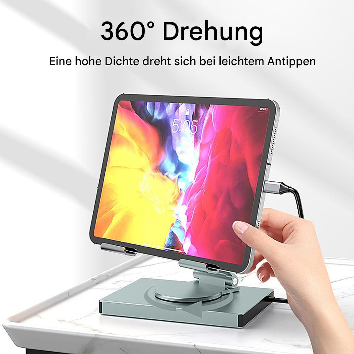 Tablet auf einem Ständer mit Text für 360° Drehung. Eine Hand passt es an.