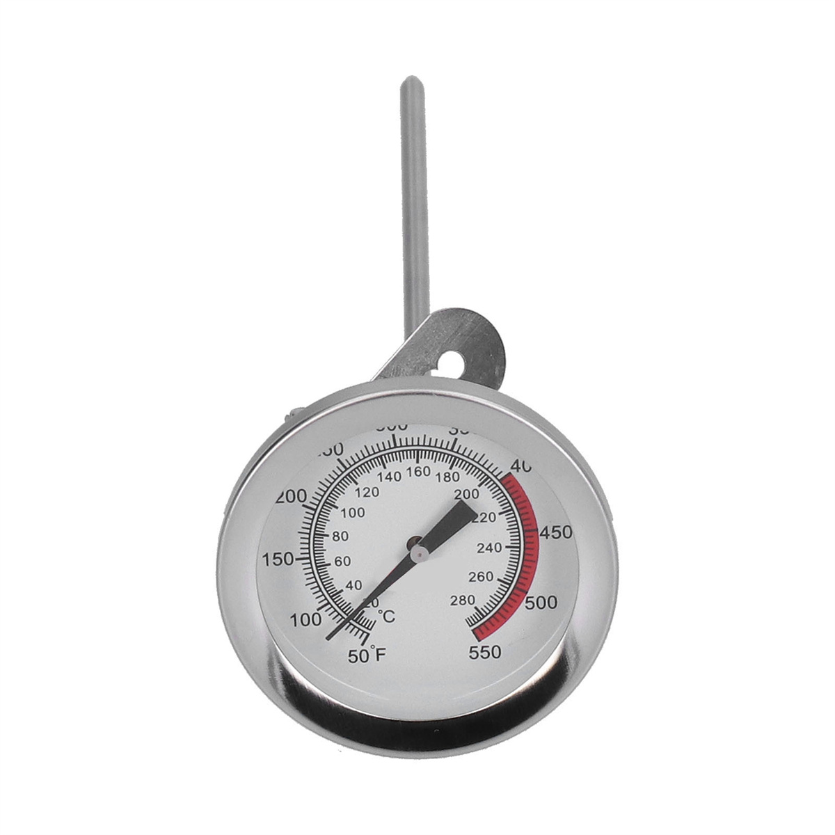 Nahaufnahme eines runden Thermometers, das die Temperatur anzeigt. Silbernes Gehäuse.