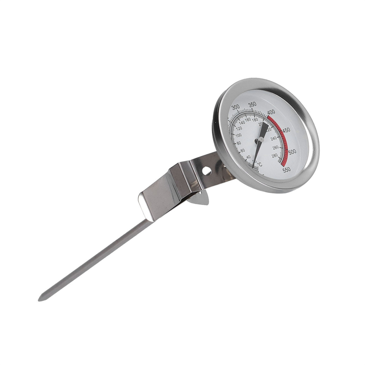 Edelstahlthermometer mit rundem Zifferblatt, das die Temperatur misst, und einer langen Sonde.