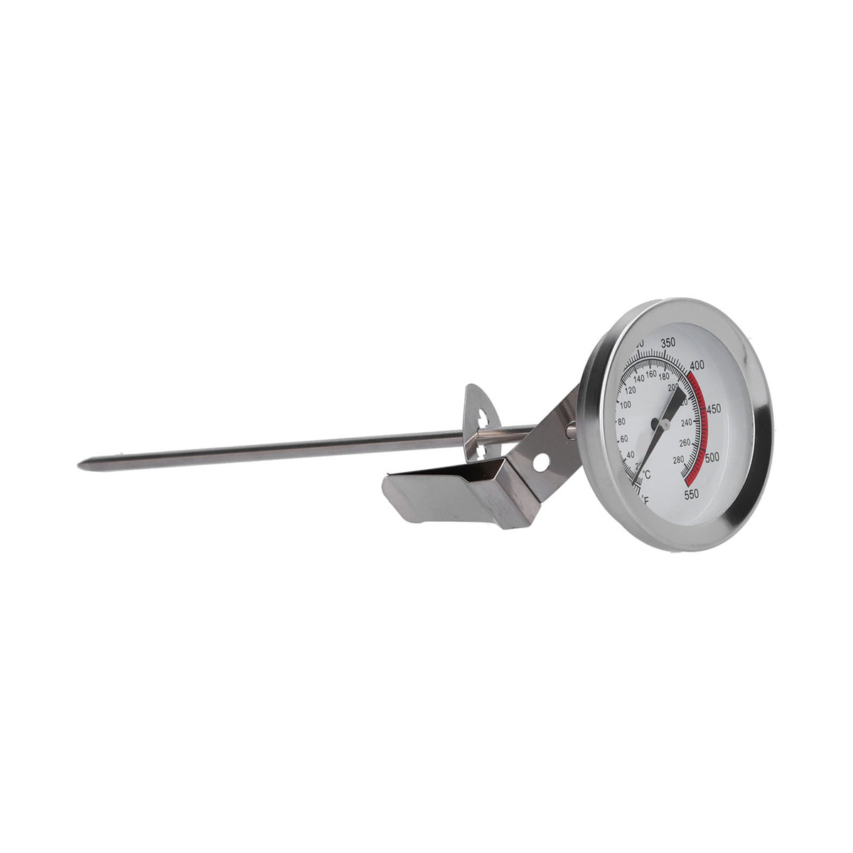 Silbernes Thermometer. Zeigt Temperatur an, mit einer langen, dünnen Sonde und einem Metallclip.