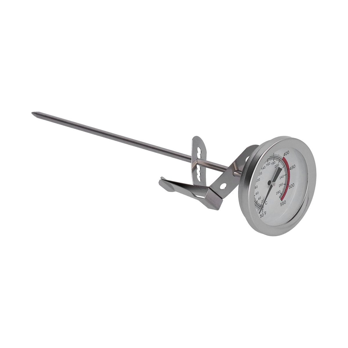 Ein Metallthermometer mit Zifferblatt und langer Sonde, platziert auf einer weißen Oberfläche.