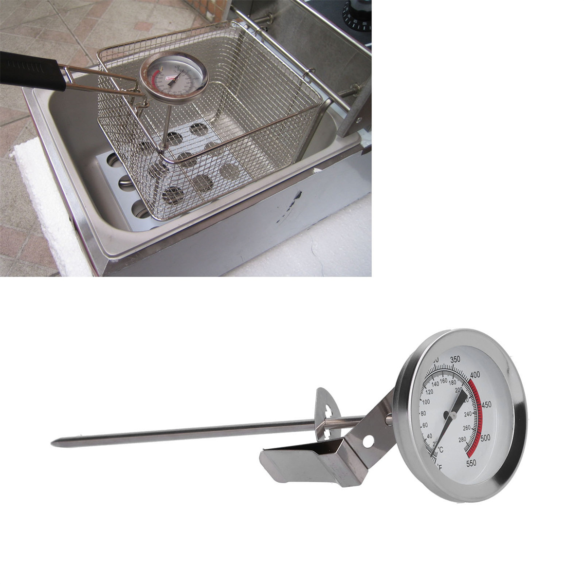 Eine Fritteuse mit Thermometer. Das Thermometer zeigt die Temperatur an.