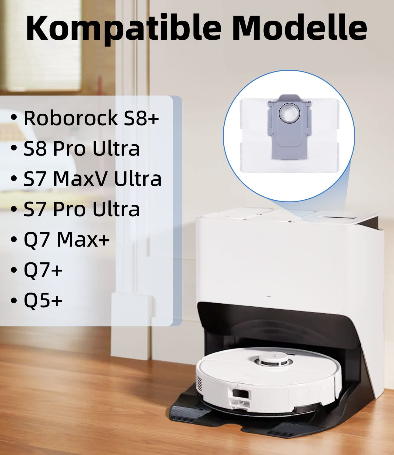 Ein Roboter-Staubsauger in seiner Ladestation, mit Text und einem Beutel.