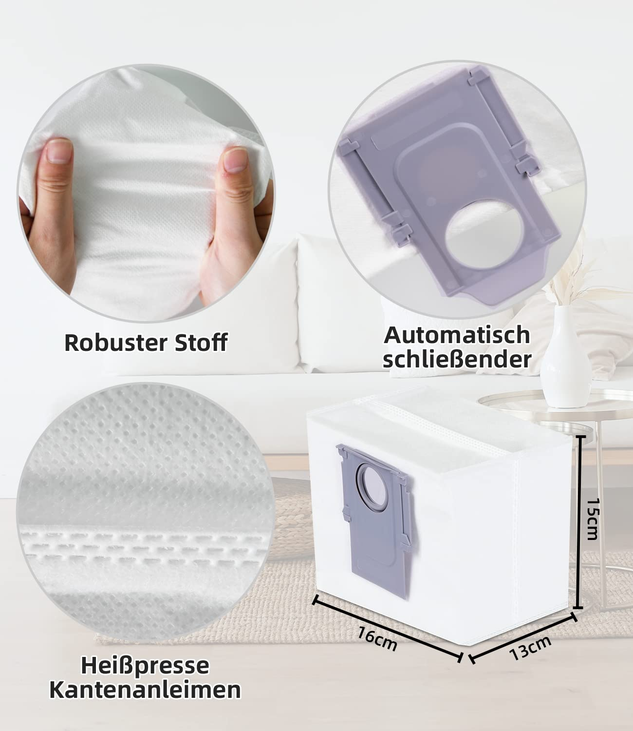 Staubsaugerbeutel, Teile gezeigt. Weißer Beutel mit lila Kunststoffteil.