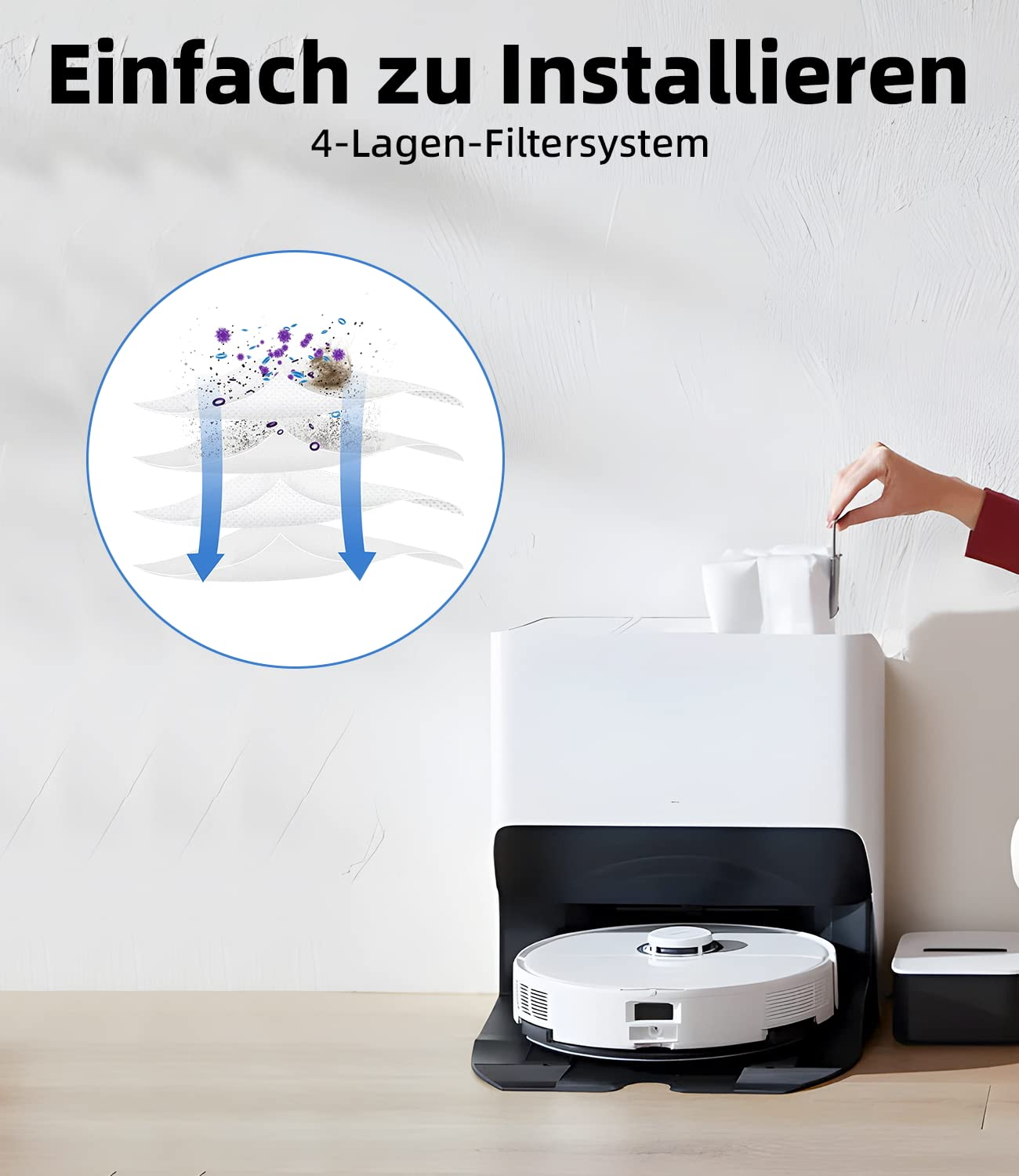 Ein weißer Roboter-Staubsauger reinigt. Eine Hand ist dabei, einen Filter in den Reiniger einzusetzen. Text: Einfach zu installieren.