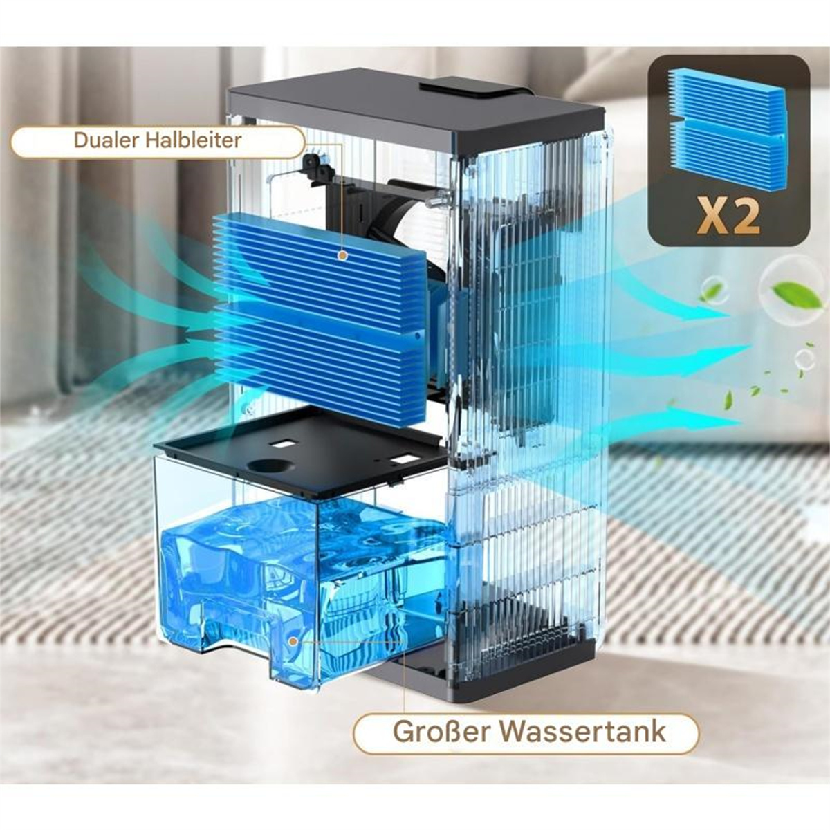 Eine offene, transparente Maschine mit Innenkomponenten. Unten ist ein Wassertank.