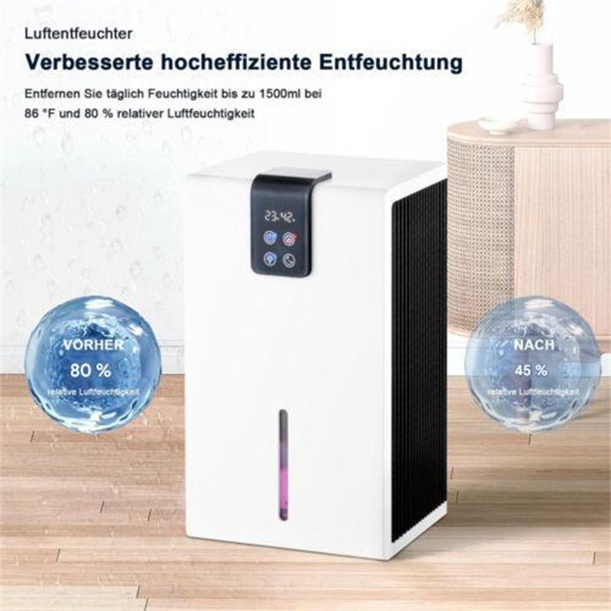 Weißer Luftentfeuchter mit Digitalanzeige. Zeigt Vorher- und Nachher-Luftfeuchtigkeit.