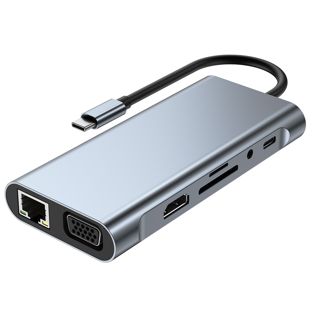 Silberner und grauer USB-C-Hub mit mehreren Anschlüssen, schwarzes Kabel. Der Hub ist rechteckig.