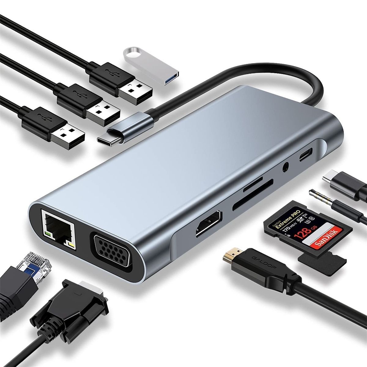 Silberner USB-Hub mit mehreren Anschlüssen, Kabeln und Geräten.