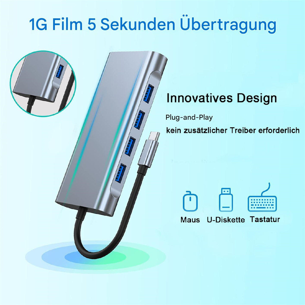 Ein silberner USB-Hub mit mehreren Anschlüssen und einem USB-C-Kabel, das Plug-and-Play bewirbt.