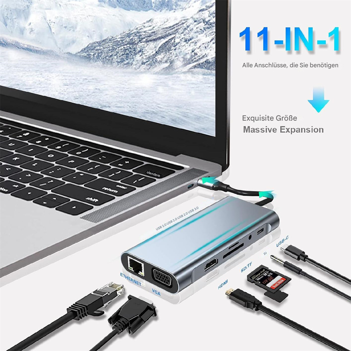 Ein Laptop, der mit einem silbernen Hub mit verschiedenen Anschlüssen und Kabeln verbunden ist.