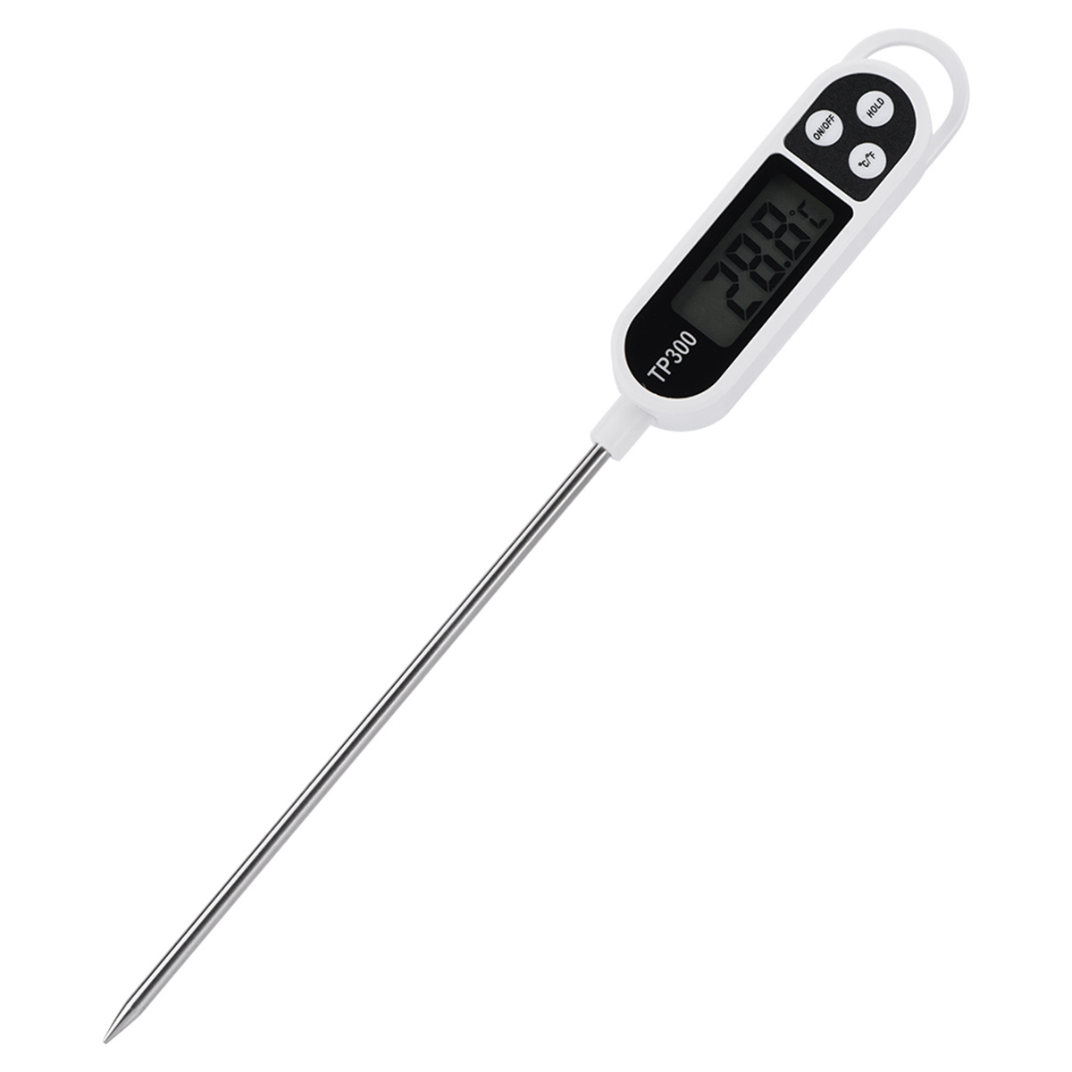 Digitales Thermometer mit weißem Gehäuse und langer, silberner Sonde, zeigt 28,8°C an.