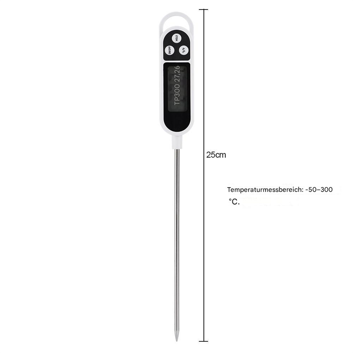 Digitales Lebensmitteltemperaturmessgerät mit langer Metallsonde. -50-300°C.