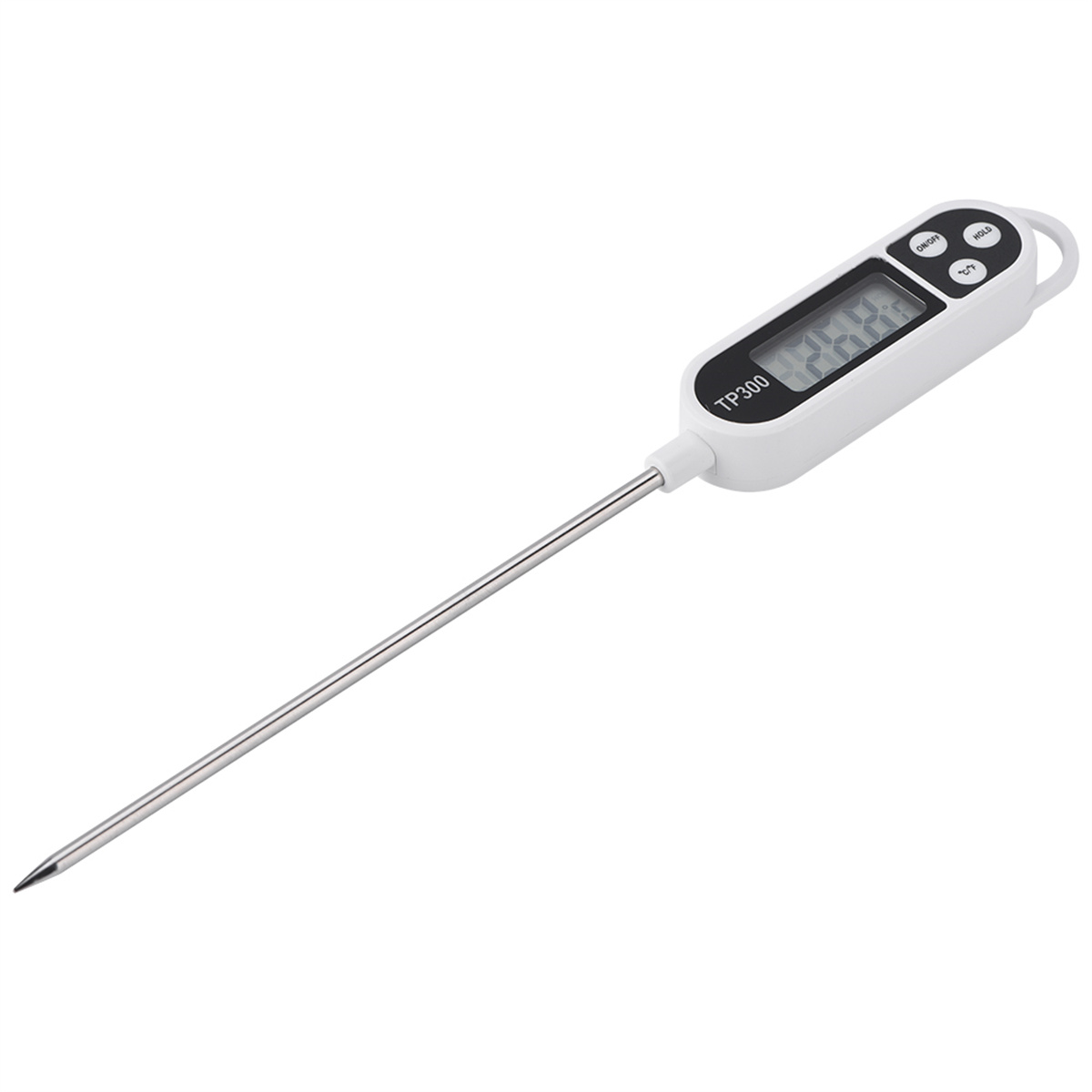 Weißes digitales Lebensmittelfieberthermometer mit langer Metallsonde. Display zeigt Zahlen. Weißer Hintergrund.
