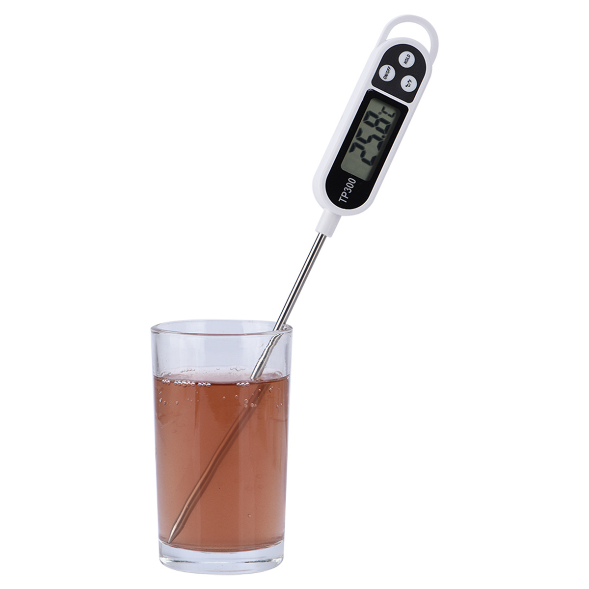 Digitales Thermometer mit Sonde in einem Glas Flüssigkeit, Anzeige 25,8°C. Weißes und schwarzes Design.