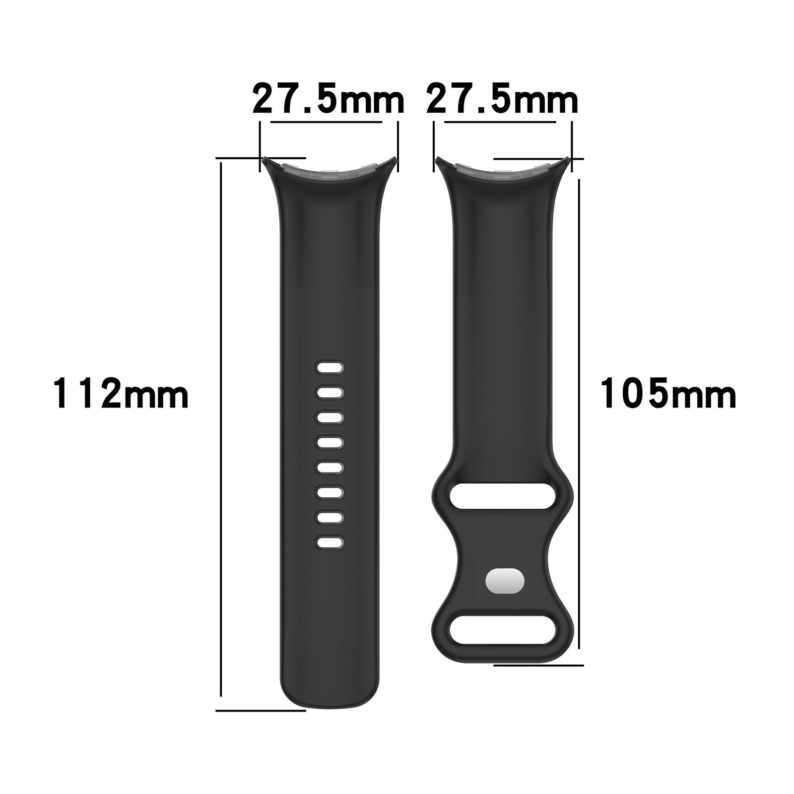 Schwarzes Uhrenarmband, zweiteilig, beschriftet mit Abmessungen und Details.