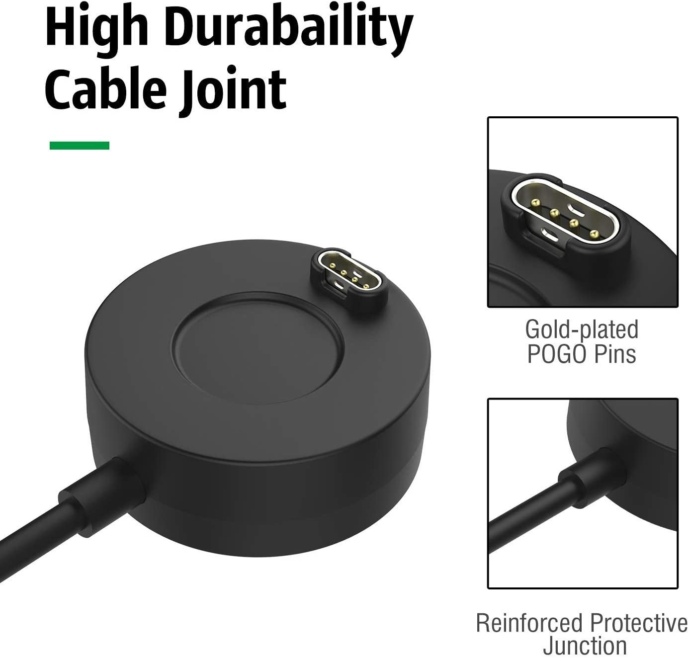 Schwarze Ladestation mit Kabel und Anschluss. Nahaufnahme von vergoldeten Pins.