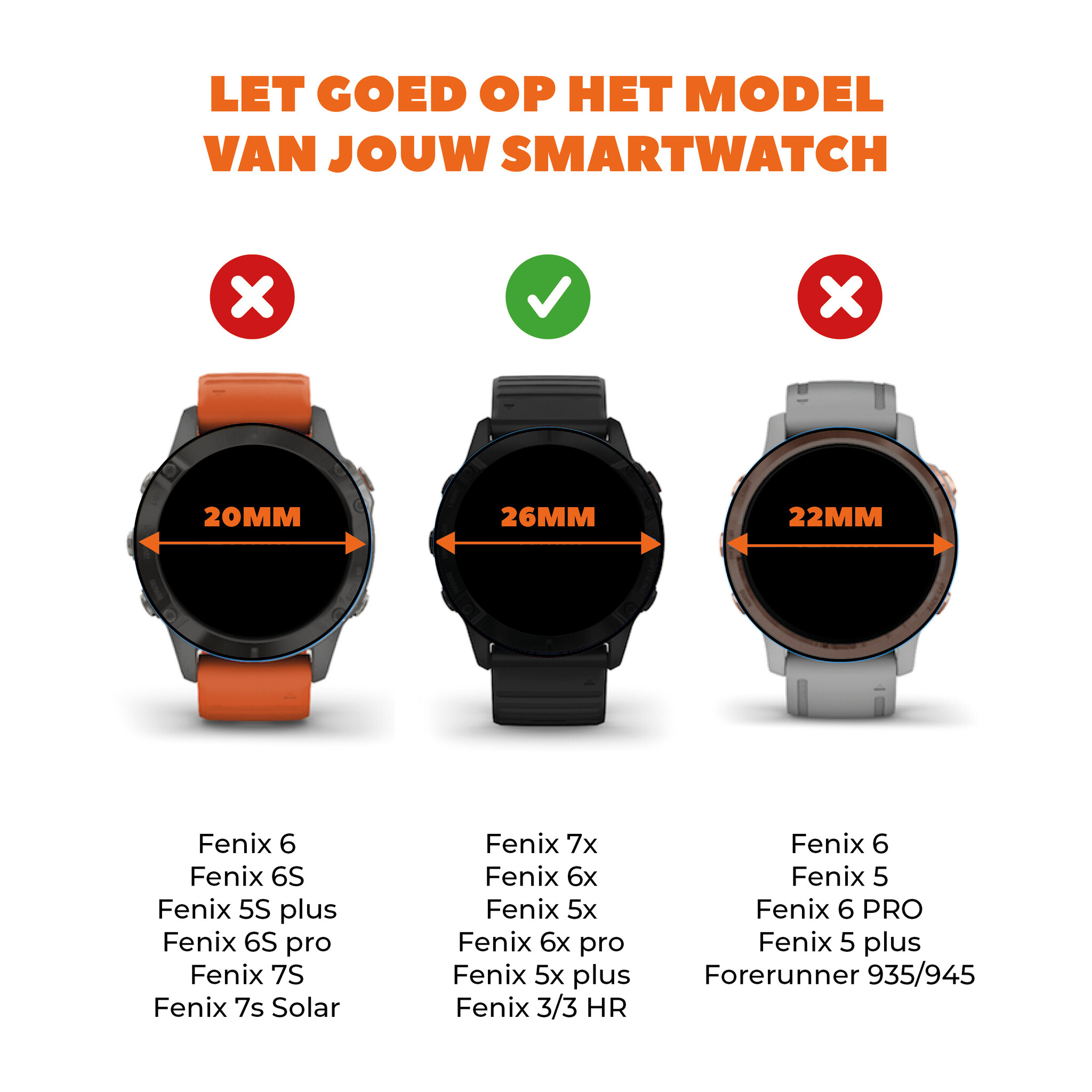 Drei Smartwatches mit unterschiedlichen Bandgrößen: 20 mm, 26 mm und 22 mm. Text auf Niederländisch.