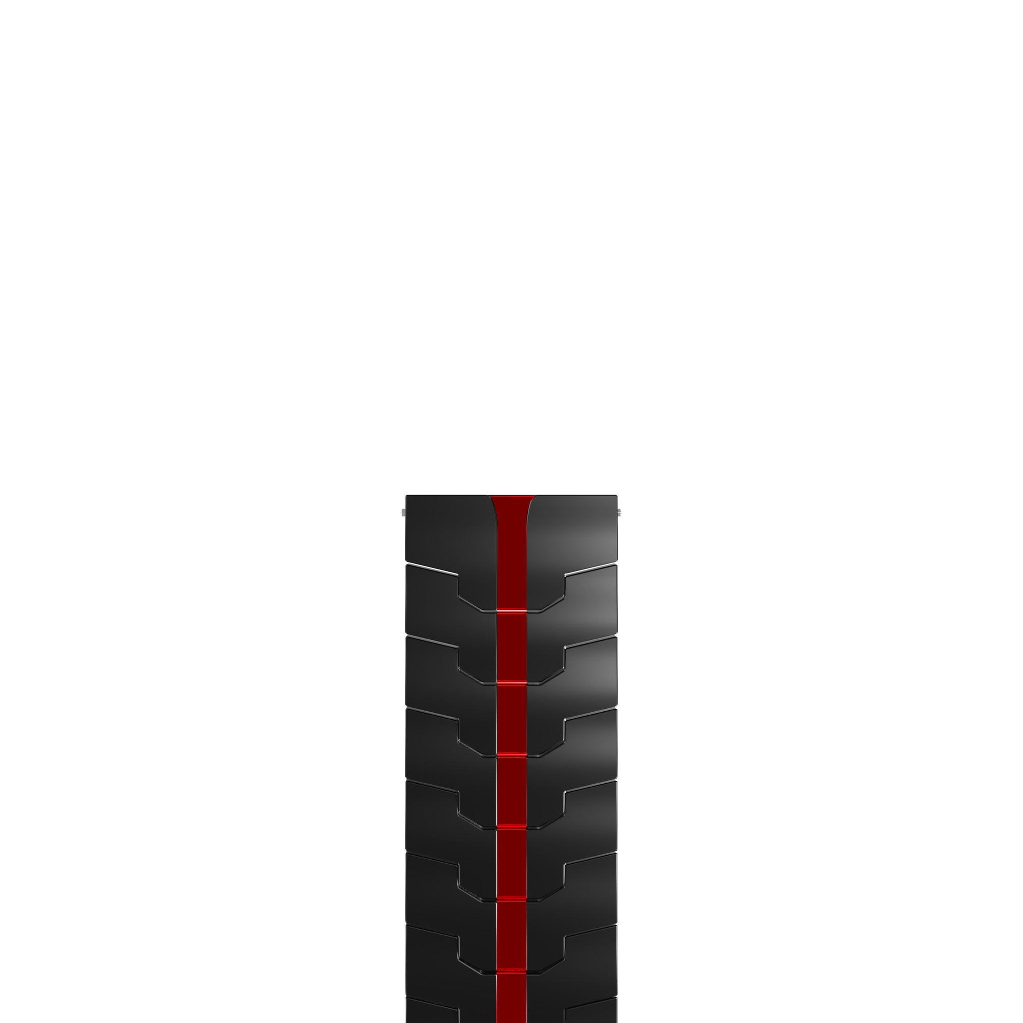 Ein schwarzes Uhrenarmband mit roter Mittellinie vor weißem Hintergrund.