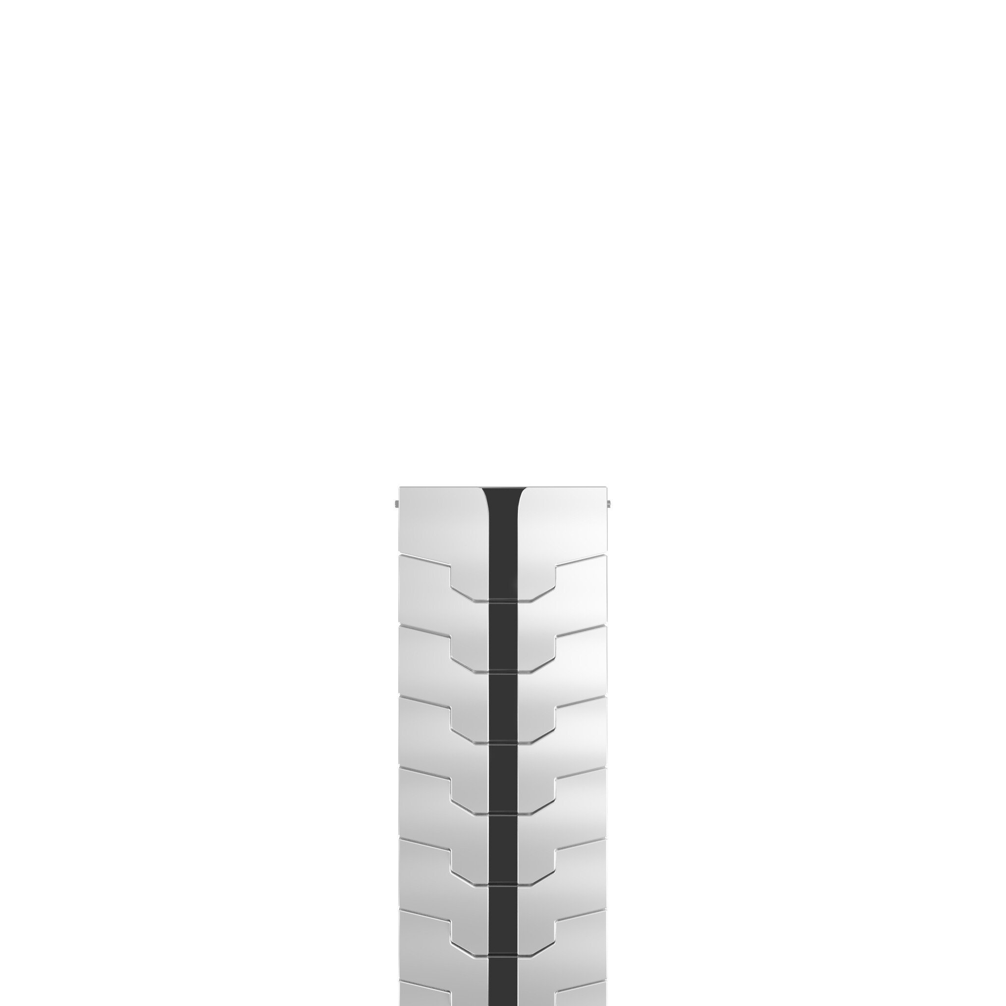 Ein silbernes Uhrenarmband, vertikal, mit weißem Hintergrund.