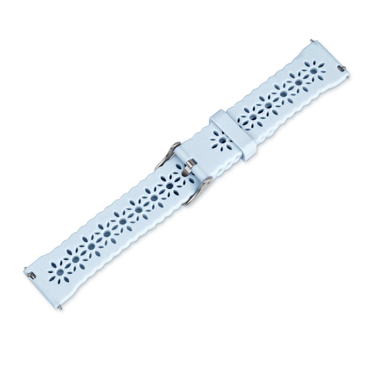 Hellblaues Uhrenarmband mit Blumenausschnitten und silberner Schnalle.