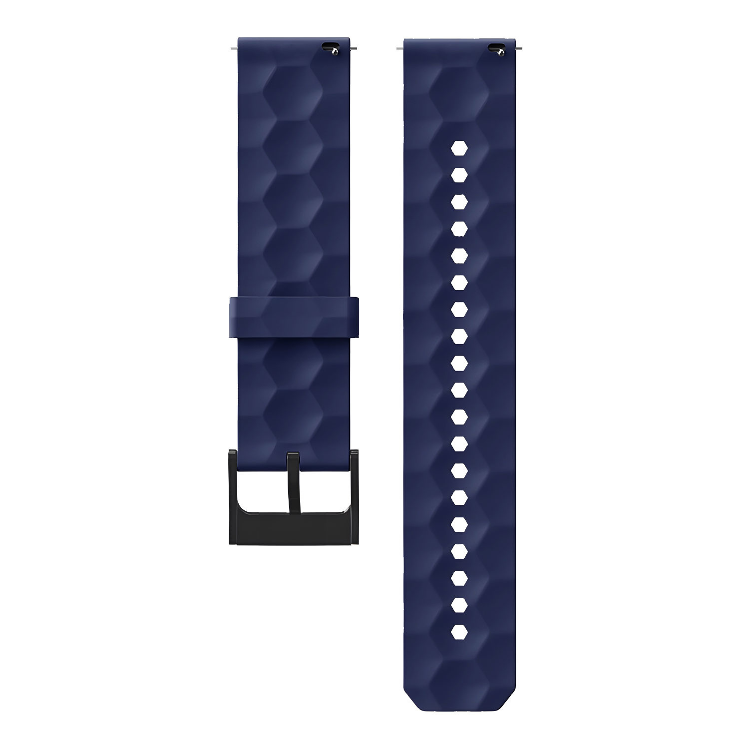 Zwei marineblaue Uhrenarmbänder mit sechseckiger Textur. Eines hat eine schwarze Schnalle. Weißer Hintergrund.